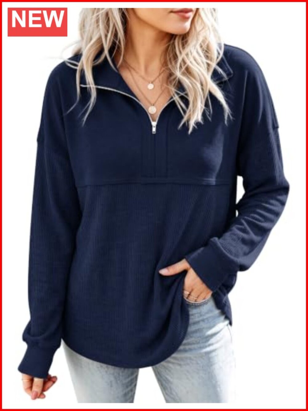 Womens Waffle Knit Half Zip Sweatshirt Oversized Pullover Long Sleeve Top